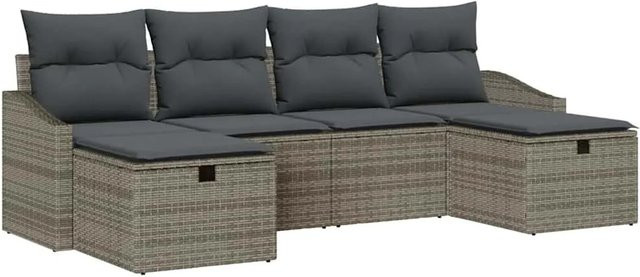 vidaXL Garten-Sofa-Set aus Polyrattan in Grau, 6-teiliges L-Shape Lounge-Set mit 3-Sitzer-Sofa, Ottoman und Kissen - Bild 1