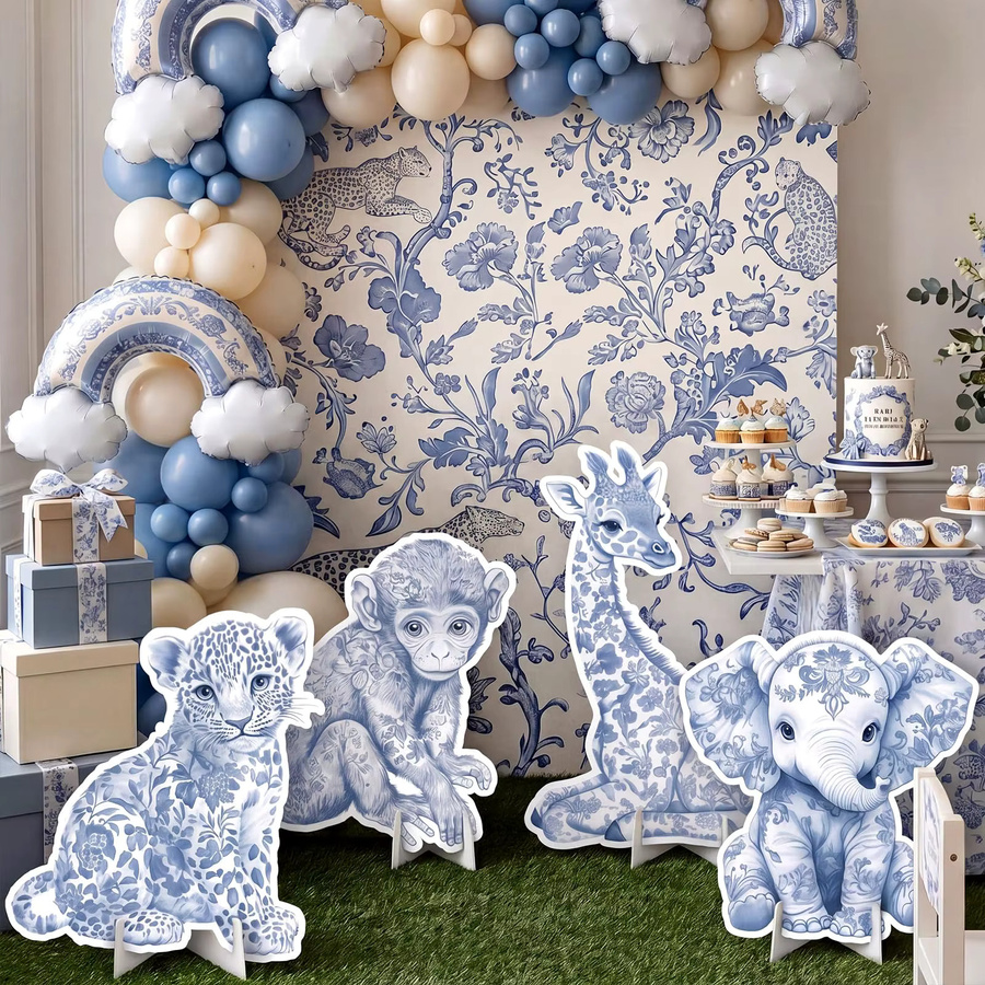 Blaue Dschungeltier- und Blumen-Dekoration aus Papier für Babyparty und Geburtstag als stehende Foto-Requisiten und Tischdekoration - Bild 2