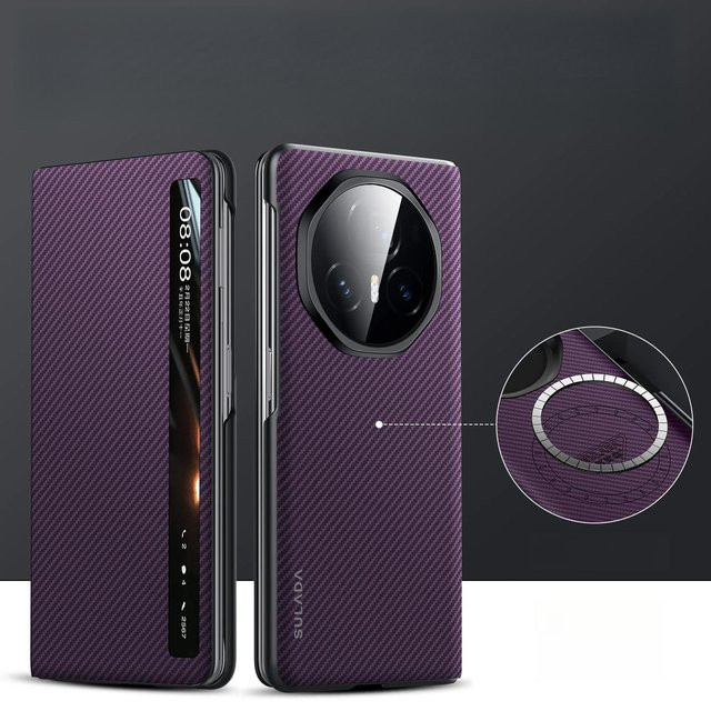 Xiangyun Magnetisches Flip Cover für Honor Magic V3 und Honor Magic Vs3 mit 600D Carbon Fiber Kevlar Textur in Matt-Optik und Smart Window, Farbe: Violett - Bild 1