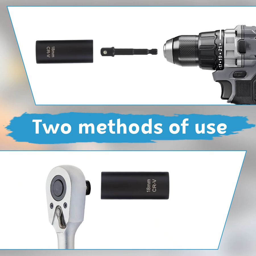 Schlagschraubersatz aus Chrom-Vanadium-Stahl in Schwarz mit 3/8-Zoll-Antrieb, Steckschlüsseln von 7mm bis 19mm und 1/4-Zoll-Adapter für Autoreparaturen - Bild 4