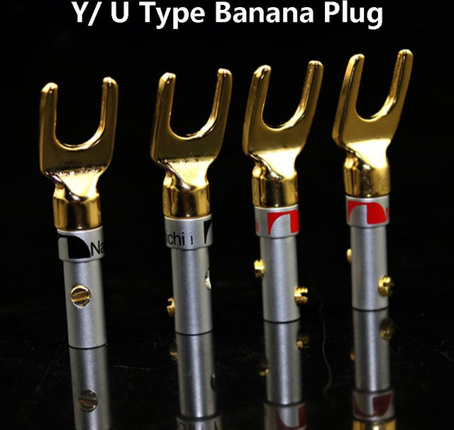 4 Stück vergoldete Audio-Lautsprecherstecker in Y- und U-Form als Kabelverbinder mit Schraubverschluss, Farben: Rot und Gold - Bild 1