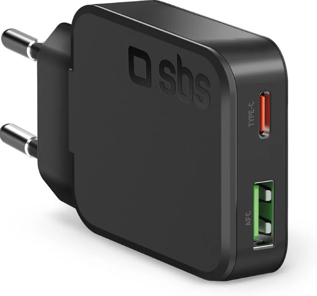 SBS Ultra Slim Wandladegerät mit 45W und 2 Anschlüssen (USB-C und USB-A) in Schwarz - Bild 1