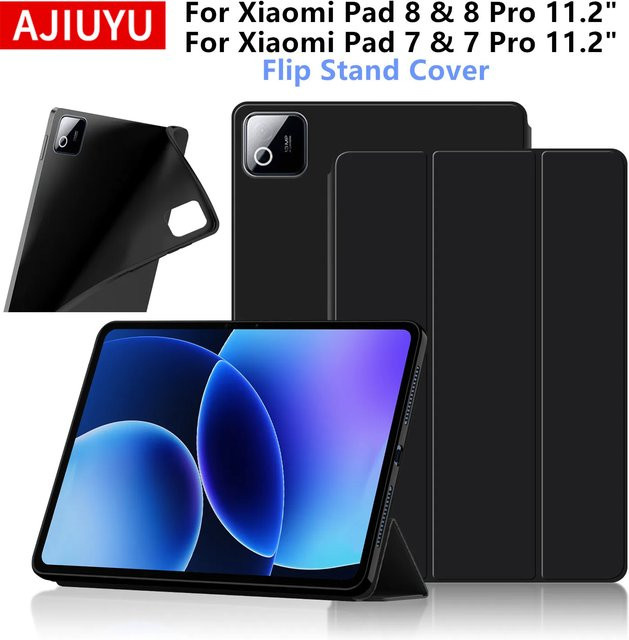 AJIUYU Schutzhülle für Xiaomi Pad 8 und Pad 7 Pro 11,2 Zoll, dreifach faltbare PU-Lederhülle mit weicher Rückseite und Ständer, Schwarz - Bild 1