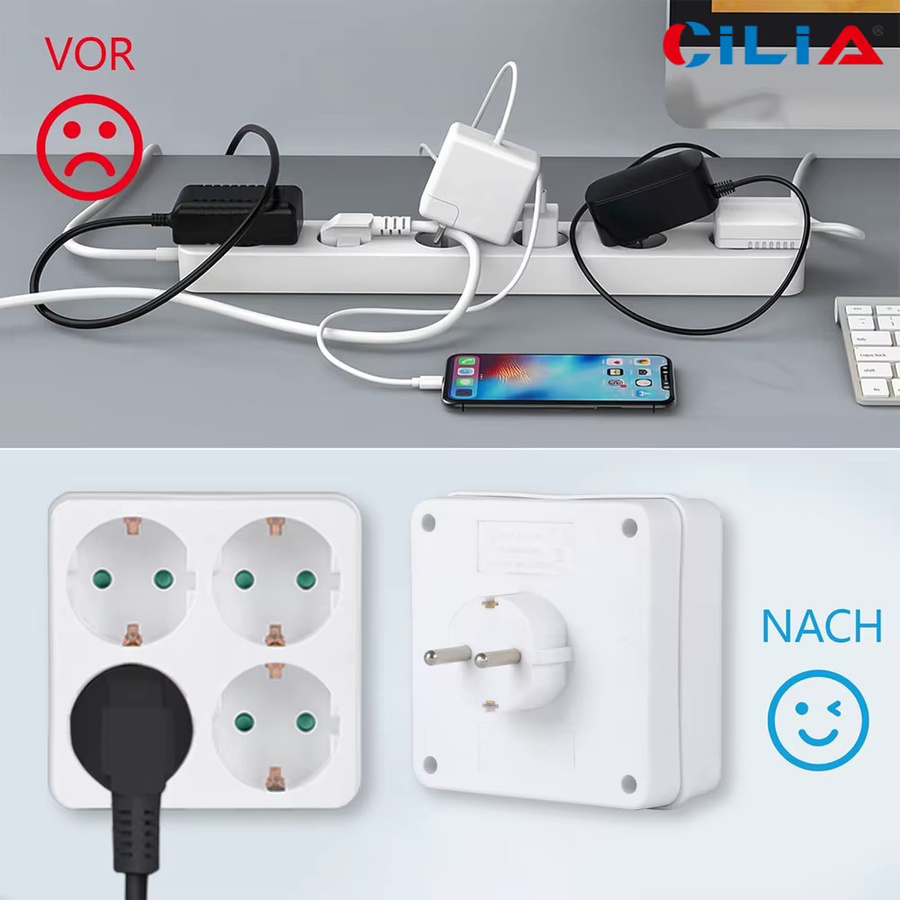 CILIA EU-Steckdosenleiste mit 4 Steckdosen, kompakter quadratischer Mehrfachstecker-Adapter für Zuhause und Büro, Weiß - Bild 2