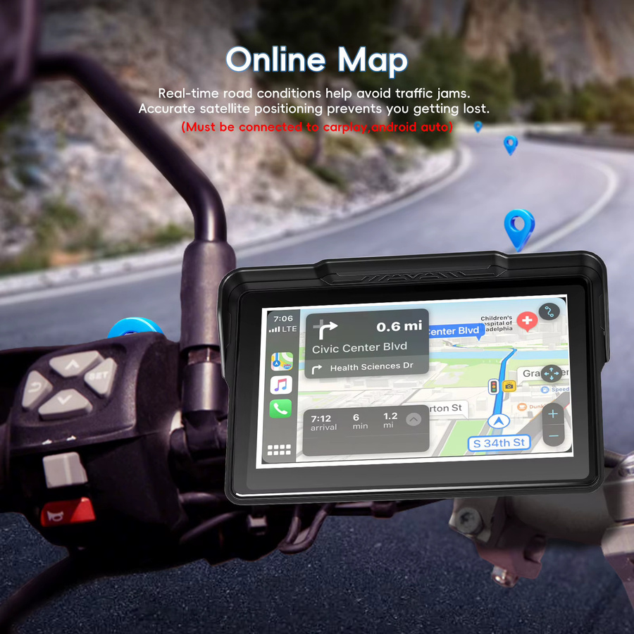 Podofo 7 Zoll Kabelloser CarPlay und Android Auto Motorrad-Player, IP67 Wasserdichter Smart-Navigationsmonitor mit Touchscreen und Bluetooth, Schwarz - Bild 5