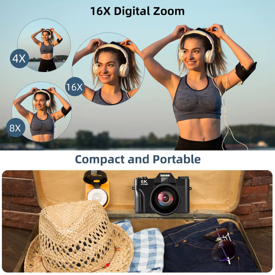 Ourlife 6K Kompakte Digitalkamera mit 64MP, 16X Digitalzoom, 3 Zoll 180° Flip-Screen und WLAN in Schwarz - Bild 3