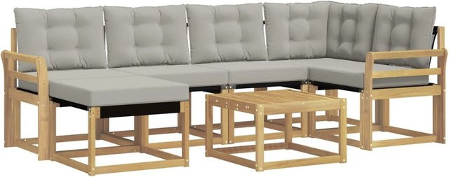 vidaXL Outdoor-Sofagarnitur 7-teilig in L-Form aus Akazienholz und Textilene mit Kissen in Weiß-Hellgrau - Bild 1