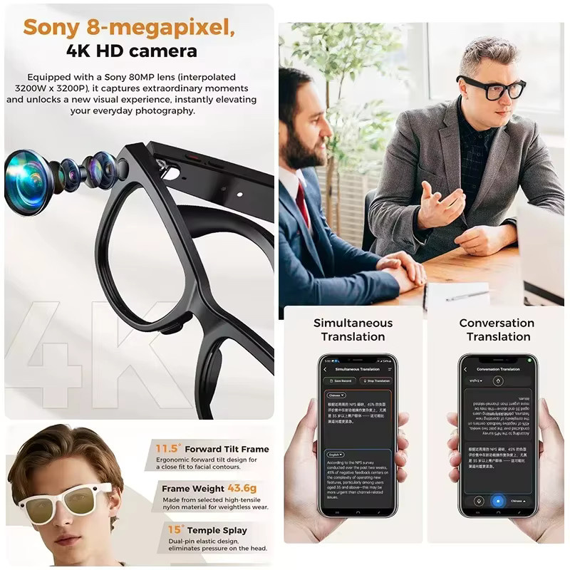 KULANNDER KI-Smart-Brille mit 4K 8MP HD-Kamera, WLAN und Bluetooth für Video, Musik und Telefonate, inklusive Echtzeit-Übersetzung in über 100 Sprachen, erhältlich in Schwarz oder Weiß - Bild 2