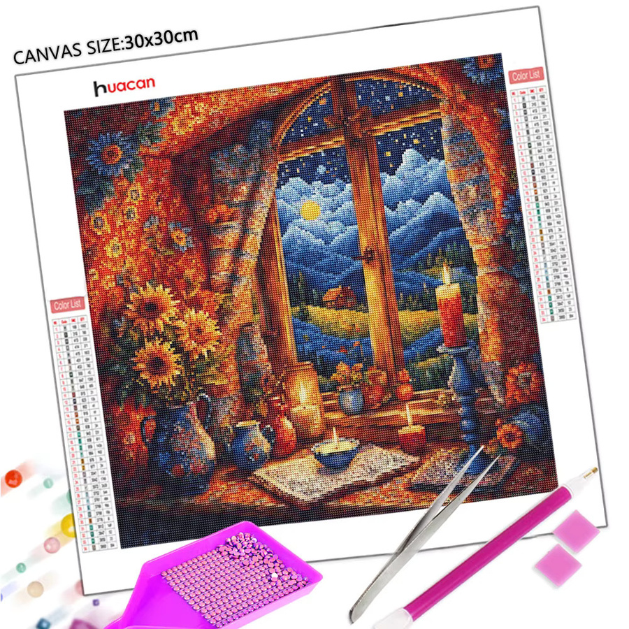 Huacan Diamant-Malerei Fensterbild Rund mit Mosaik-Nachtlandschaft und Mond-Motiv, Multicolour - Bild 3