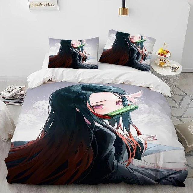3-teiliges Demon Slayer Anime Bettwäsche-Set aus atmungsaktiver Baumwollmischung, King-Größe, Mehrfarbig, B/H: 245 x 210 cm - Bild 1