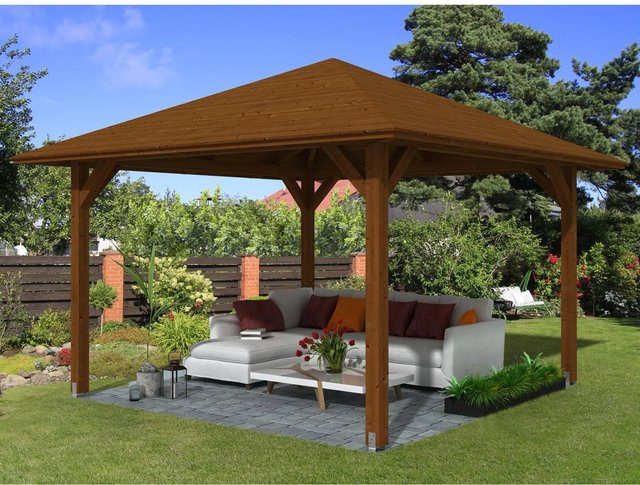 Skan Holz Pavillon Cannes 2 aus Fichte mit Zeltdach in Nussbaum braun, B/T/H: 439 x 439 x 329 cm - Bild 1