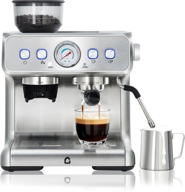 Adoolla 20-Bar-Espressomaschine aus Edelstahl mit Mahlwerk, Milchaufschäumer und 2,8 l abnehmbarem Wassertank in Silber - Bild 1