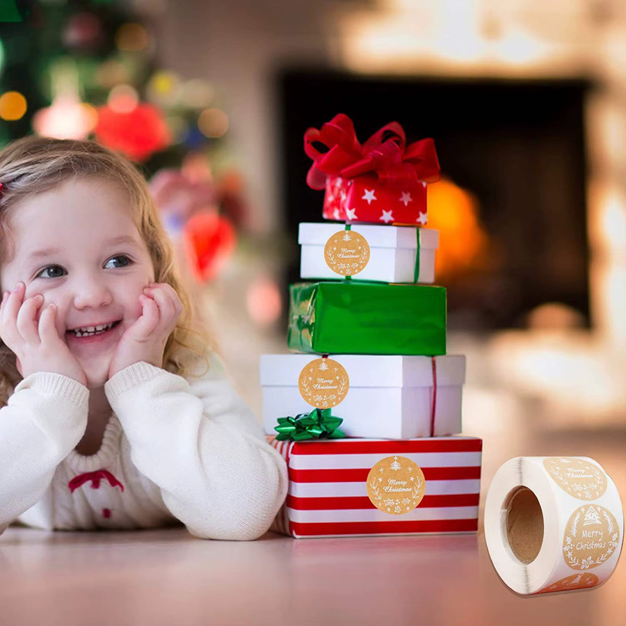 TYFYO Kraftpapier-Geschenkversiegelungsaufkleber mit Weihnachtsmotiv in Braun, Durchmesser: 2,5 cm, 500 Stück pro Rolle - Bild 3