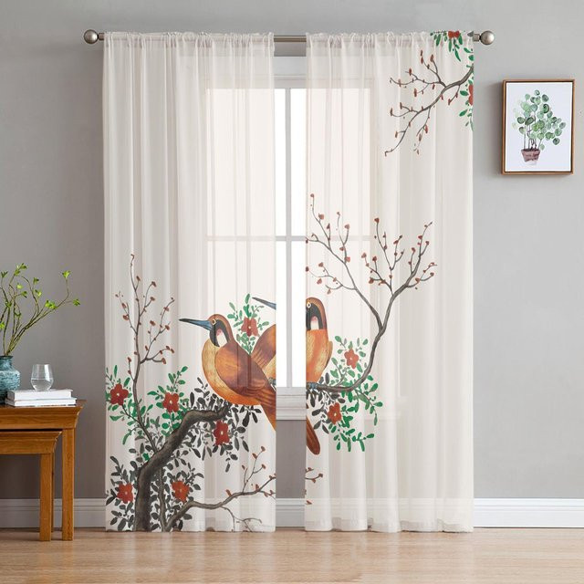 Transparente Tüllvorhänge im chinesischen Stil mit Pflaumenblüten und Vögeln, weiße Fenstergardinen aus Polyester, Breite: 135 cm, Höhe: 115 cm - Bild 1