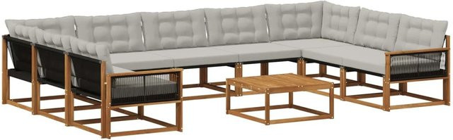 vidaXL Outdoor-Sofagarnitur in U-Form aus massivem Akazienholz mit 10 Kissen in Natur und Hellgrau - Bild 1