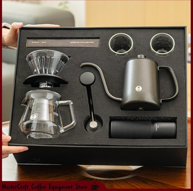 Timemore Chestnut C3S C5 Kaffee-Set in Black mit manueller Kaffeemühle, Schwanenhals-Kanne, Glas-Dripper und Glasservierer - Bild 1