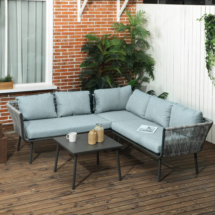 Outsunny Rattan Gartenmöbel-Set in L-Form mit Polsterkissen und Aluminiumgestell, Blau, B/H/L: 120 x 71 x 65 cm - Bild 3