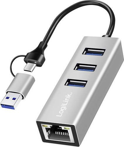 LogiLink UA0440 USB-C Netzwerkadapter mit Ethernet/LAN und USB-A Anschlüssen, Silber - Bild 1