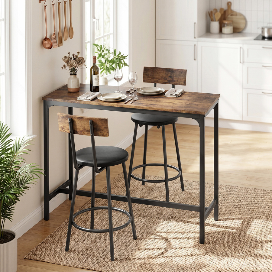 HOMCOM Bartisch mit 2 Hockern im Industrie-Look, Set aus Bartisch und gepolsterten Hockern mit Rückenlehne und Fußstütze, Farbe: Rustikbraun - Bild 2