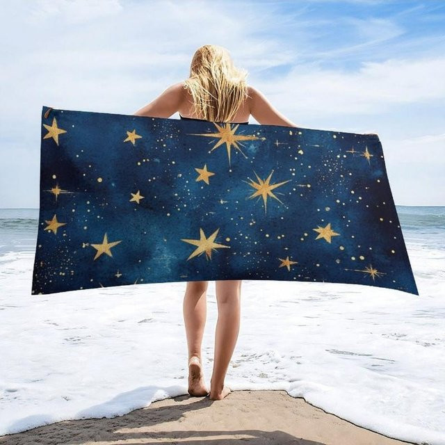 Creative Man Strandtuch Sternenhimmel mit Mond und goldenen Sternen, weißes Mikrofaser Badetuch, Breite: 40 cm, Höhe: 60 cm - Bild 1
