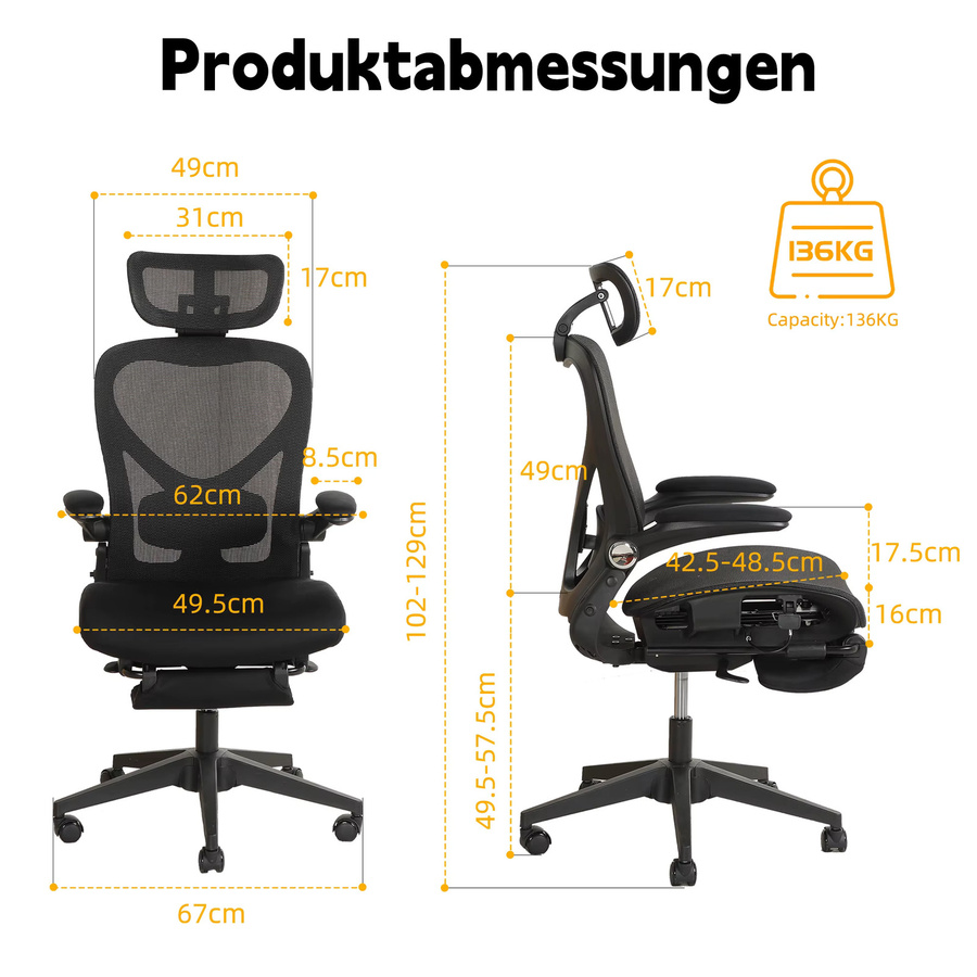 Welax Ergonomischer Bürostuhl mit 3D-Kopfstütze, Klappbarer Schreibtischstuhl mit Taillenstütze und klappbaren Armlehnen in Schwarz oder Pink - Bild 8
