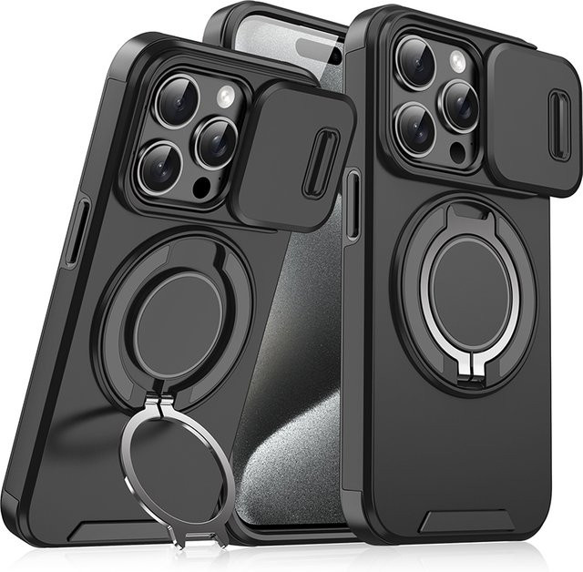 RUWANGAA Handyhülle mit 360 Grad rotierendem Metallring aus TPU und PC für iPhone 11 bis 16 Pro Max Plus in Blau oder Schwarz - Bild 1