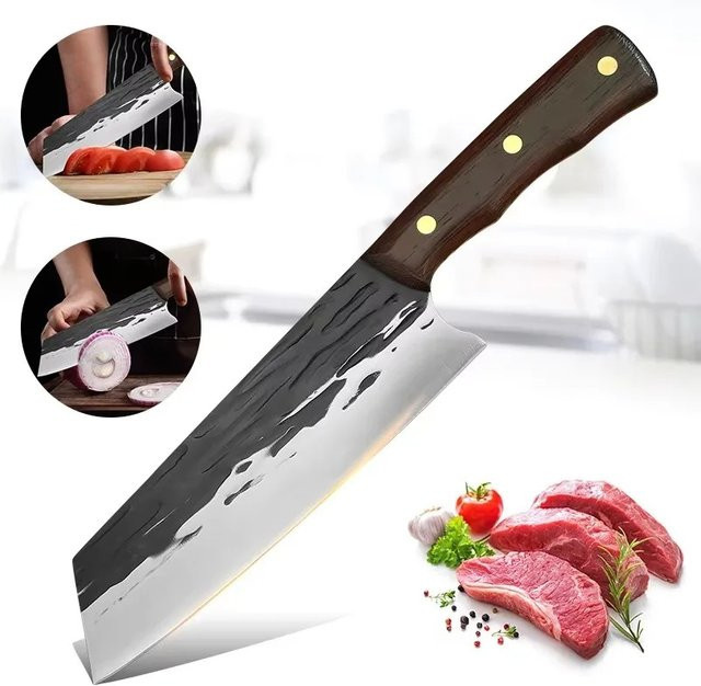 InLeung Geschmiedetes Hackmesser aus Edelstahl mit Holzgriff in Silber und Braun, Full Tang Kochmesser für Fleisch - Bild 1