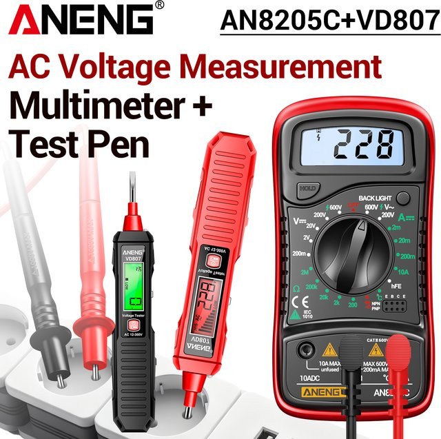 ANENG Multimeter Spannungstester AN8205C+VD807 mit AC-Spannungsdetektor und Amperemeter in Schwarz und Rot - Bild 1