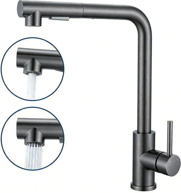 AICA Küchenarmatur aus Edelstahl mit ausziehbarer L-förmiger Mischbatterie, 360 Grad schwenkbar, zwei Sprühfunktionen, Gunmetal Grey, Höhe: 38,0 cm, Breite: 23,0 cm, Tiefe: 38,0 cm - Bild 1