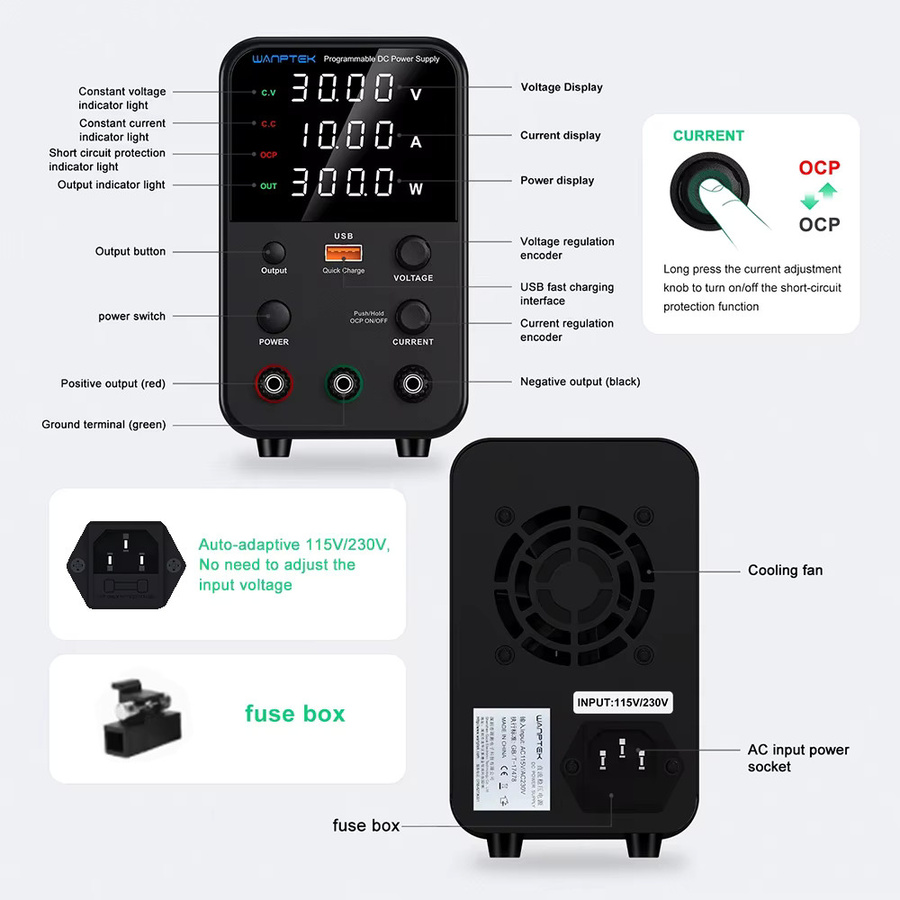 Wanptek DC Labor-Netzteil Schwarz mit einstellbarer Spannung und Stromstärke 30V 10A 60V 5A 120V 3A - Bild 3