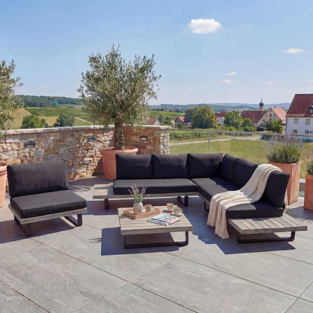 Lounge-Set MCW-H54 Garten-Garnitur aus Akazienholz und Aluminium mit Sofa, Sesseln und dunkelgrauen Spun Poly Polstern in Grau - Bild 1