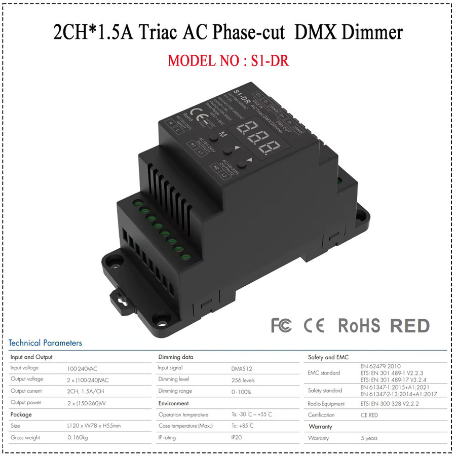 CENFAYA Triac DMX Dimmer 2CH 1,5A Zweikanal-Ausgangscontroller für die DIN-Schiene mit digitaler Ziffernanzeige für einfarbige dimmbare LED-Lampen - Bild 2