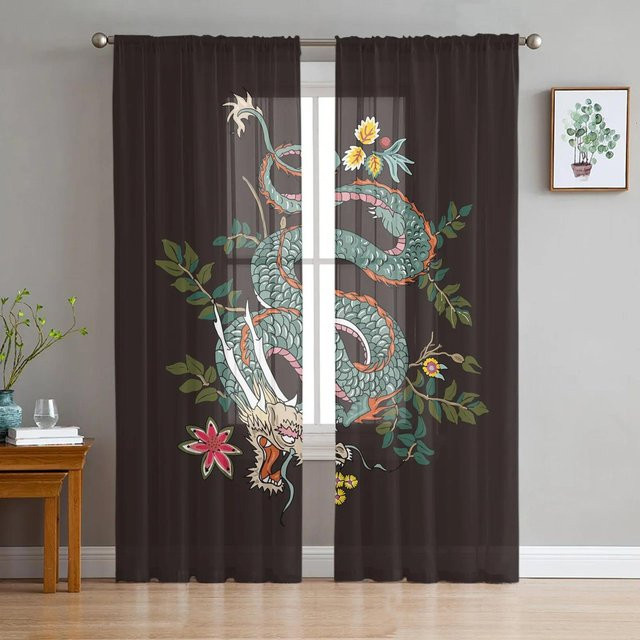 Yiran Furniture Transparente Voile-Organza-Fenstervorhänge im chinesischen Stil, Drachenblau und Schwarz, B: 135 cm, H: 115 cm - Bild 1