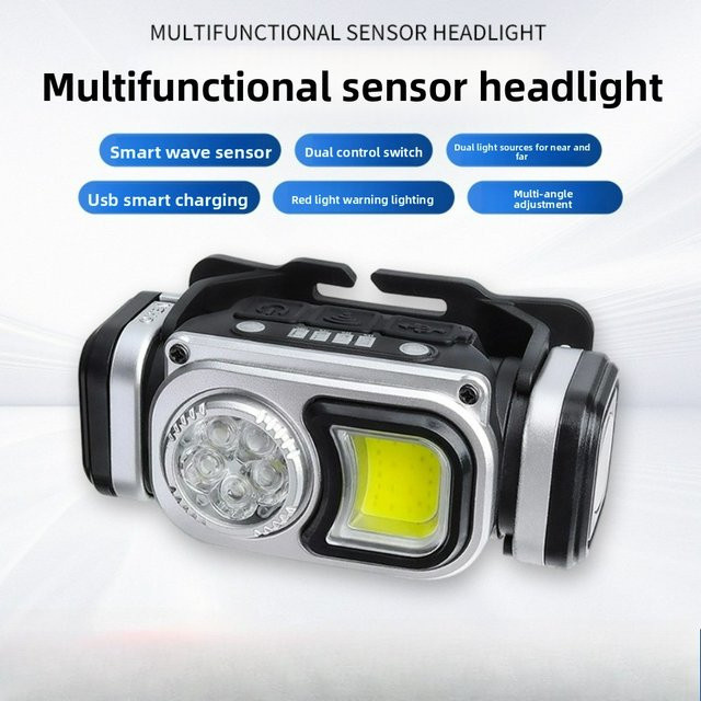 Wiederaufladbare LED-Stirnlampe mit Bewegungssensor und USB-Ladefunktion in Schwarz - Bild 1