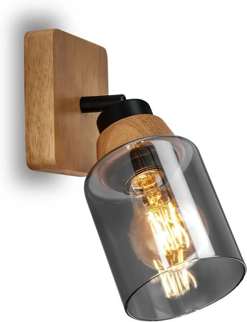 Briloner Wandleuchte Royk Vintage aus Holz und schwarzem Metall mit Rauchglas und E27 Fassung, schwenkbar - Bild 1