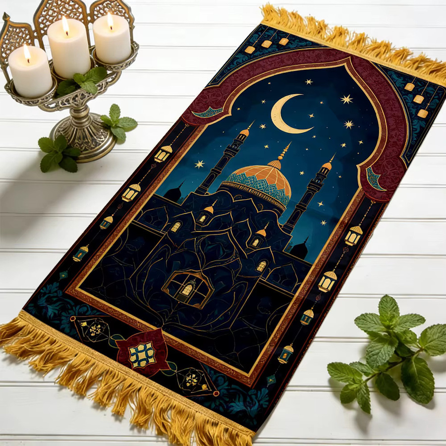 VIKAMA Gebetsteppich mit Cartoon Luxus Moschee Nacht Design, faltbare und waschbare Reise-Muslimmatte im orientalischen Stil - Bild 5