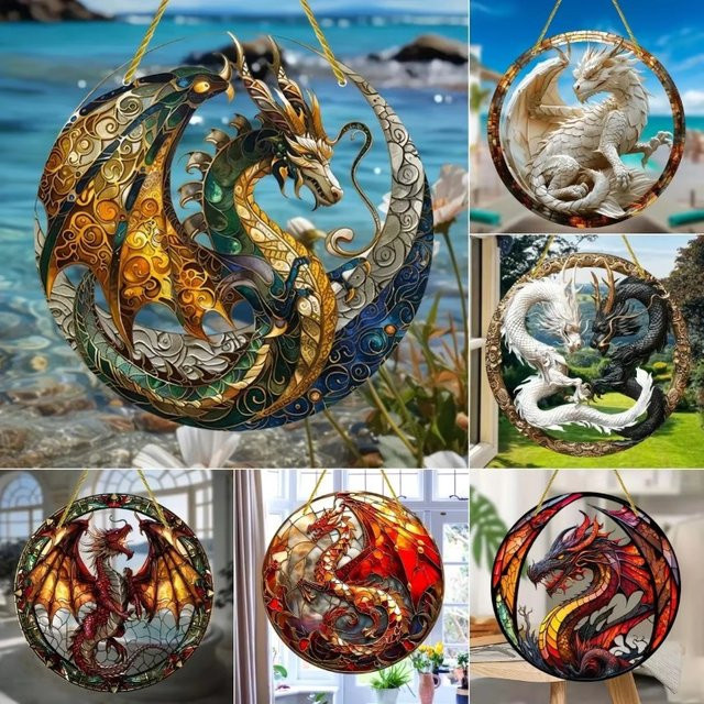 Potdemiel Buntglas-Sonnenfänger Fliegender Drache, runder Acryl-Fenster-Hängefänger in Multicolour, Durchmesser: 20 cm - Bild 1