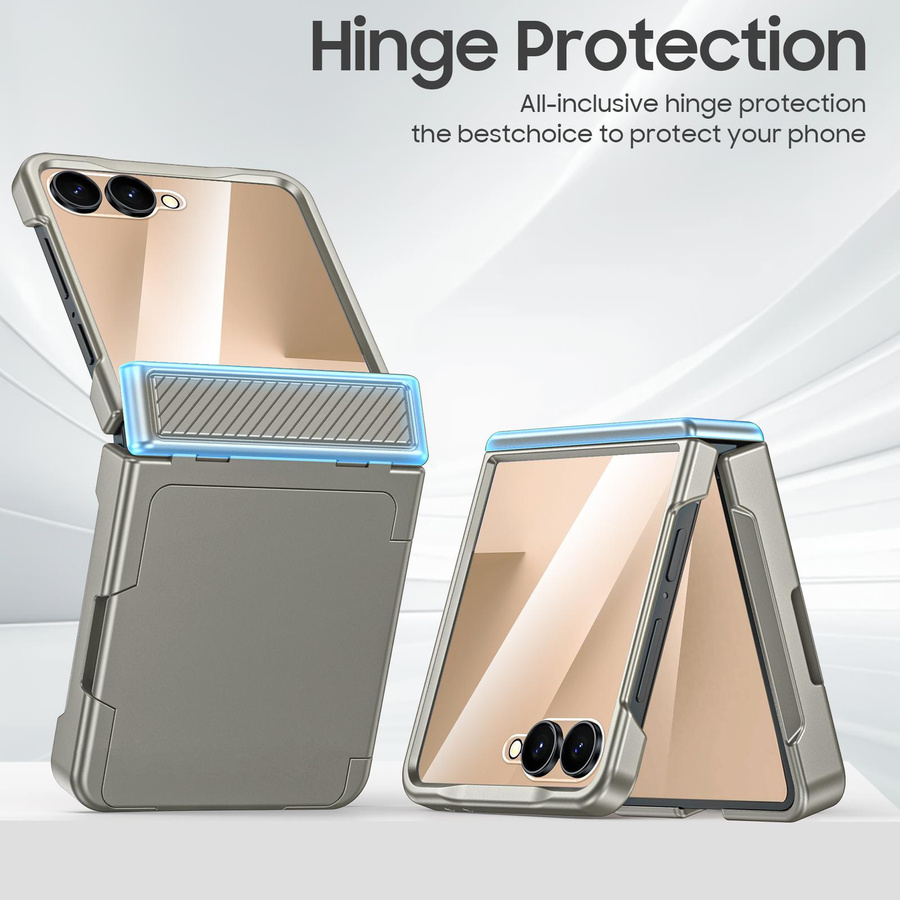 Robuste Handyhülle für Samsung Galaxy Z Flip 7 mit Kartenhalter, RFID-Blockierung, Scharnierschutz und HD-Displayschutz in Champagner Blau - Bild 2