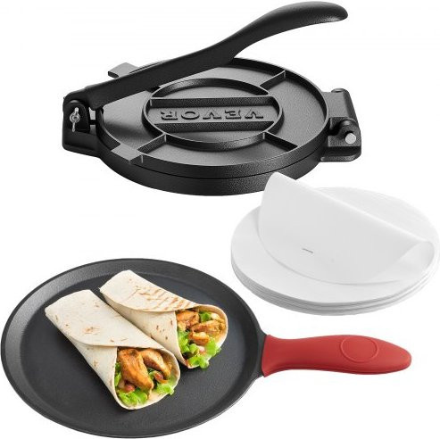 VEVOR Tortillapresse aus Gusseisen mit ergonomischem Griff und 100 Stück Pergamentpapier, schwarze Pataconera und Roti Maker, Durchmesser: 24,8 cm - Bild 1