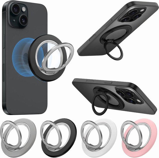 Ultradünner magnetischer Telefonständer aus Metall in Pink mit 360 Grad Drehung und Fingerringhalter für MagSafe als Desktop-Unterstützung - Bild 1