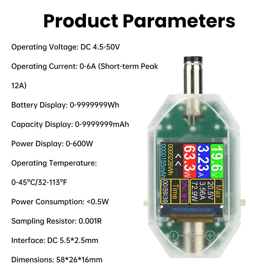 Diymore DT550 Digitalvoltmeter Amperemeter Leistungsmesser mit DC 5,5 x 2,5 Schnittstelle für 4,5–50 V und 0–12 A - Bild 4