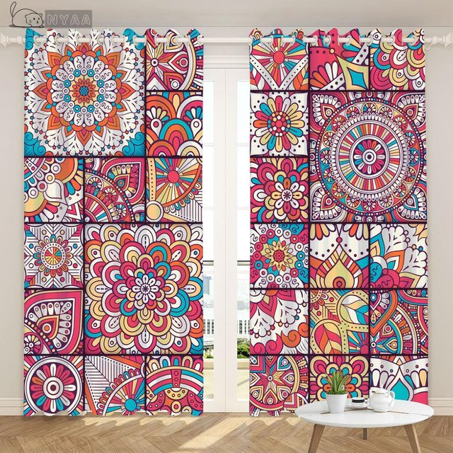 Böhmischer Ethnischer Vorhang mit Vintage Blumenmuster in Multicolour, semi-transparent, B/H: 200 x 100 cm inklusive Haken - Bild 1