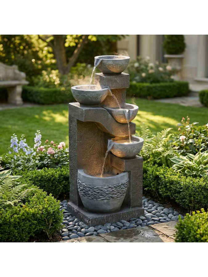 LOCAL Gartenbrunnen mit LED-Beleuchtung und Wasserpumpe aus Kunststein in Armeegrün - Bild 5
