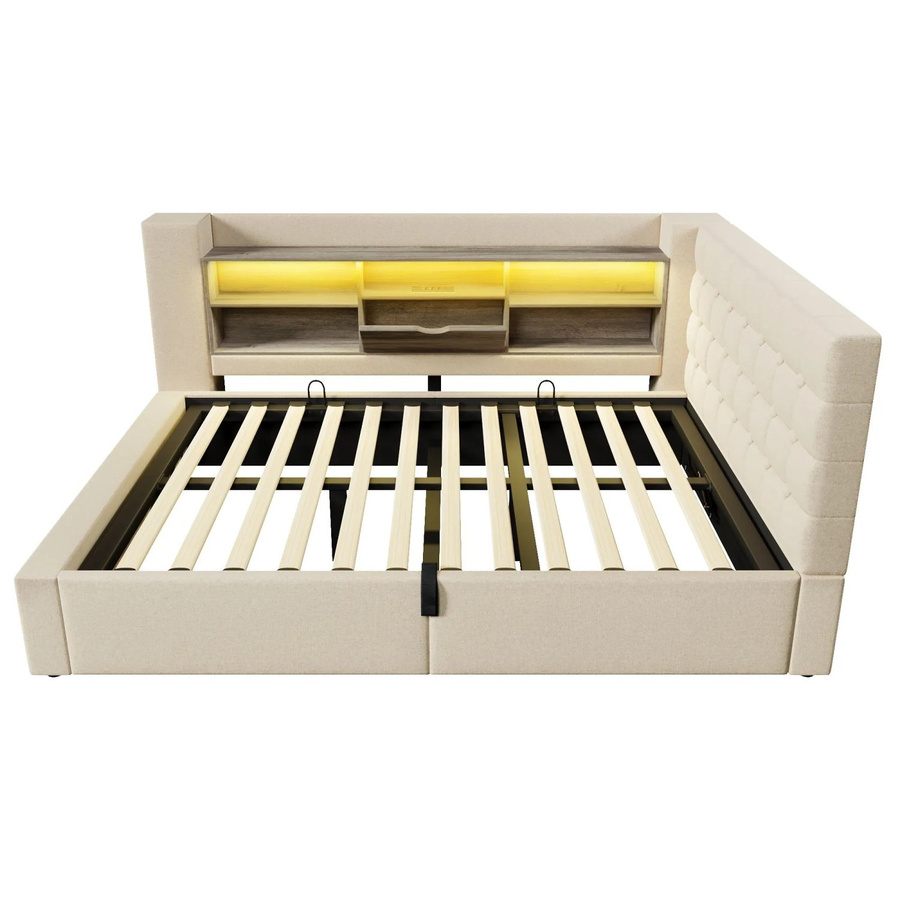 Merax Polsterbett mit LED-Beleuchtung und USB-Ladeport, Beige, B/T/H: 140 x 200 x 158 cm - Bild 2