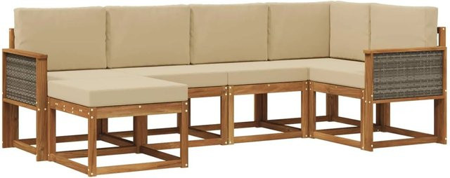 vidaXL Outdoor-Sofagarnitur in L-Form aus Akazienholz mit 6 Teilen und Kissen, Beige/Natur - Bild 1