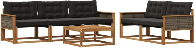 vidaXL Outdoor-Sofagarnitur aus massivem Akazienholz und Textilene mit Kissen, 6-teiliges Set, Schwarz/Natur - Bild 1