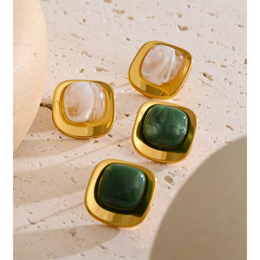 Yhpup Ohrstecker Edelstahl, 18K Gold PVD überzogen, Weiß Grün, Quadrat - Bild 1