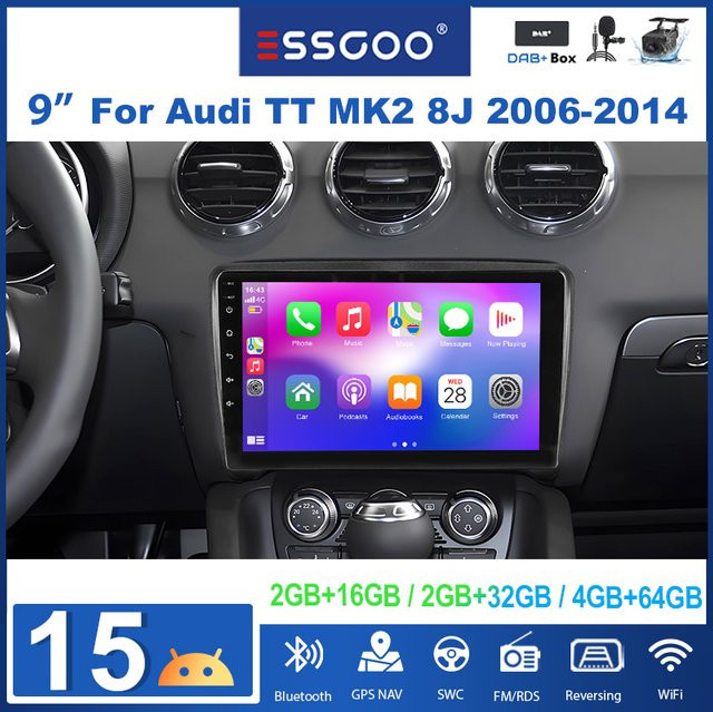 ESSGOO 9 Zoll Android 15 Auto-Stereo-Radio für Audi TT MK2 8J 2006-2014 mit 4+64GB, GPS, Wireless Carplay, Android Auto, Bluetooth und Wifi in Schwarz - Bild 1