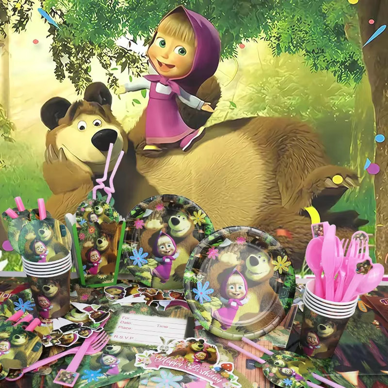 Potdemiel Mashas und Bär Geburtstag Party Dekoration Set mit Luftballons und Einweggeschirr in Mehrfarbig für Kinder Events - Bild 2