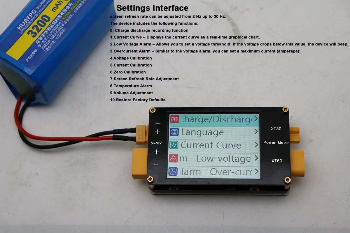 DykbRadio Leistungsmesser XT60 64A mit 2,4-Zoll-Display, bidirektionaler Stromalarm-Monitor für Li-Ion und LiFePO4 BMS, Schwarz - Bild 3